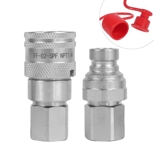 Image of 1 /4 inch Body & 1 /4 inch NPT Hydraulic Quick Connect Fittings Thread Set - Flat Face Hydraulic Couplers with Dust Caps, High Flow Skid Steer ISO 16028 Hydraulic Fittings