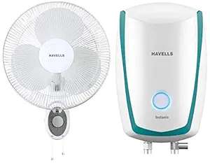 Havells Instanio 3-Litre Instant Geyser (White/Blue) & Platina 400mm Wall Fan (White)