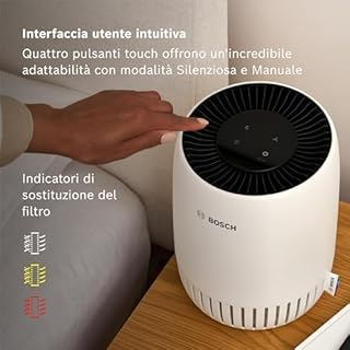 Bosch Air 500 Purificatore d’Aria - Rimuove gli inquinanti, include filtro aria e modalità sleep (< 25 dB(A)) - per stanze fino a 23 m² - con porta di ricarica USB-C - CADR: 100 m³/h