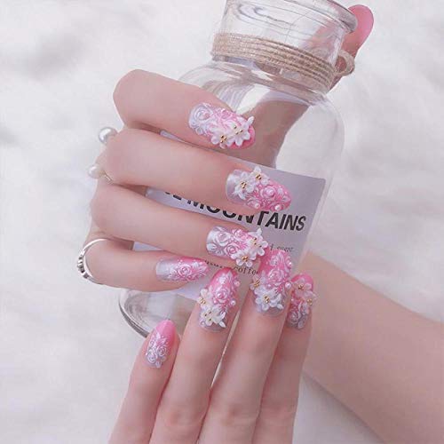 TJJF 24 Stück/Set Hochzeit Nageldekoration Falsche Nägel Für Braut Klar Rosa 3D Geschnitzte Blumen Designs Finger Fake… – Bild 5
