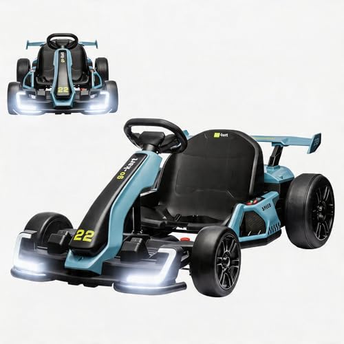 GarveeLife 24V Electric Go Kart for Kids，Powerful Drift Kart with 2 * 150W Motors, Adjustable Seat, 8 mph Speed, Led Lights ，Outdoor Riding Toy for Children Ages 6-15