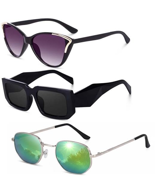 Y&S Unisex Goggle Combo| Combo Offer Pack of Branded Latest Stylish| Black Cateye Black Retro Green Hexagonal for Men and Women with Box|3-1268