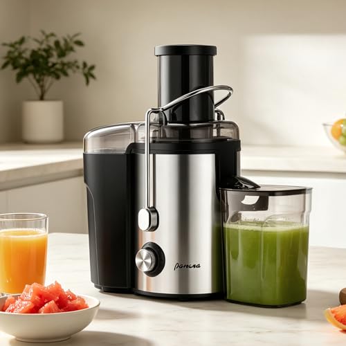 Image of Panana Centrifugal Juicer Extractor with Wide Mouth 2.5 inch Feed Chute for Fruit Vegetable, Easy to Clean, Stainless Steel, BPA-free (Silver)