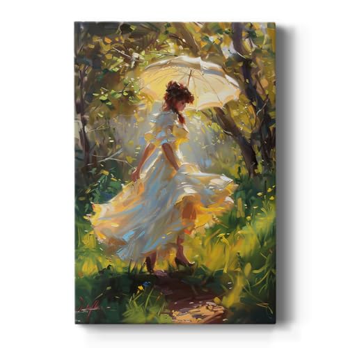 Renditions Gallery Canvas Paintings for Home Woman in Heels with Parasol in Forest Wall Hanging Artwork for Bedroom Office Kitchen - 18" X 27" LT565