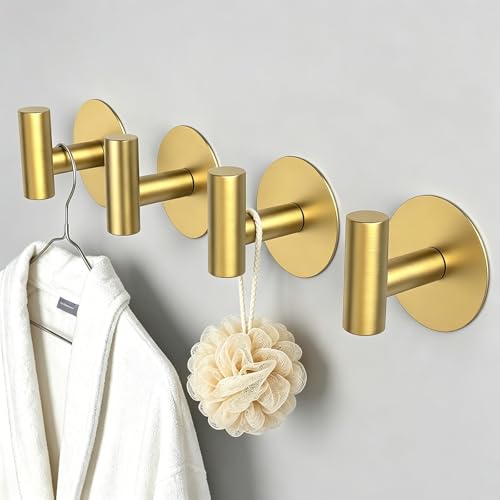 Image of Gold Stainless Steel Wall Hooks, Heavy Duty Self-Adhesive Hooks for Coats, Towels, Robes, Hats, Aprons - No Drill Bathroom, Kitchen, Hotel (4 Pack)
