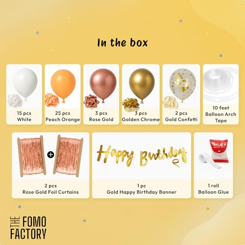 Image of The FOMO Factory Rose Gold Birthday Decoration Kit | Metallic Rose Gold Balloon Arch, Foil Curtains, HBD Banner | Complete 53Pcs Balloon Decoration Kit for Parties, Events, Birthdays, Wedding (Rose53)