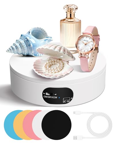 MYMULIKE Motorized Rotating Display Stand Electric Rotating Turntable with PVC Backdrop 6.3inch/16cm 360 rotation Noiseless Automatic USB Revolving Platform to Display Jewelry Watch