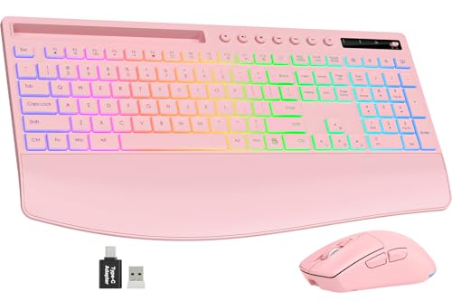 Image of Trueque Wireless Keyboard and Mouse Combo, 4000mAh Rechargeable Backlit Keyboard with Wrist Rest & Phone Holder, Full Size Quiet Typing 2.4G USB-A /Type-C for PC Laptop Windows Mac (Pink)