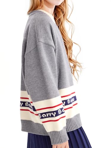 Girls Grey Knit Cardigan with Red & Blue Stripes - Cozy Long Sleeve Open Front Sweater with Logo Detail 6-16Y2