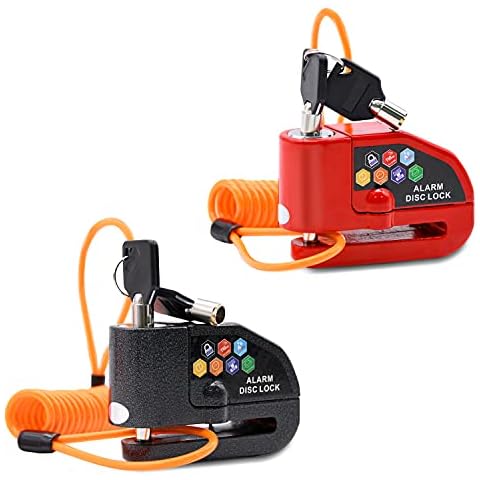 Disc Brake Lock, 2pcs Motorcycle Alarm Disc Lock 110dB Alarm Sound, Motorbike Bike Scooter Security Lock Waterproof with 1.5M Reminder Cable Keys & Carry Pouch for Motorbike Bike Scooter(Black & Red) Cover