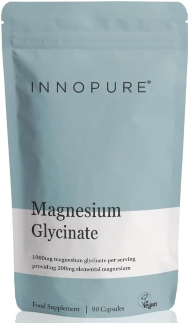 INNOPURE Magnesium Glycinate (Bisglycinate) 200mg Elemental per Serving – Gentle & Bioavailable – 90 Vegan Capsules, Made in the UK