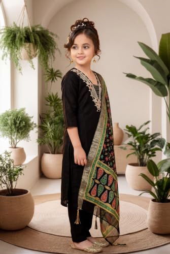 Image of Girls Cotton Blend Embroidered Kurta Pant with Printed Banarasi Style Dupatta Set | Festive Ethnic Wear for Kids | Traditional Suit Set for Girls (4-14Years)