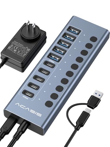 Powered USB 3.2 Hub ACASIS 10 Ports USB 3.2 Hub(5 USB-A 3.2 Ports+5 USB-C 3.2 Ports) Aluminum USB Hub Powered with 48W Power Adapter USB Hub for PC/Laptop Computer Flash Drive Printer Camera