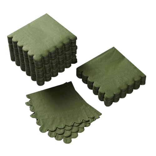 100 Pack Cocktail Napkin 2-Ply Scalloped Edged Olive-Green Napkins 5 x 5IN