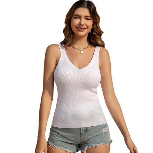 Image of Women's Slimming Ribbed V-Neck Vest - Stretch Viscose Blend Sleeveless Knit Top (6 Colors, 5 Sizes)