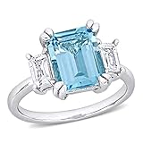 Abbie+Cleo Womens Emerald Cut Sky Blue Topaz and White Topaz Gemstone 3-Stone Statement Engagement R