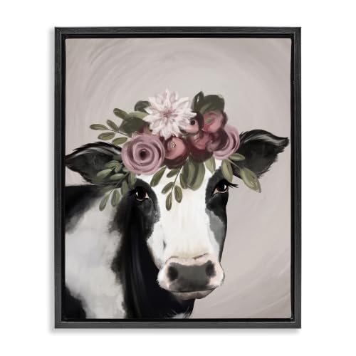 Floral Farm Cow Pink Blooms, 17 x 21 Inch Canvas in Floater Frame