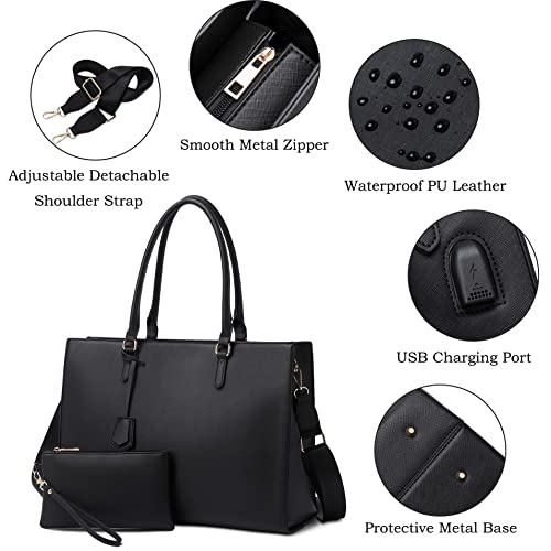 Laptop Bag for Women 17 inch Casual Work Bags with USB Charging Port Laptop Tote Bag with Clutch Purse (Black)4