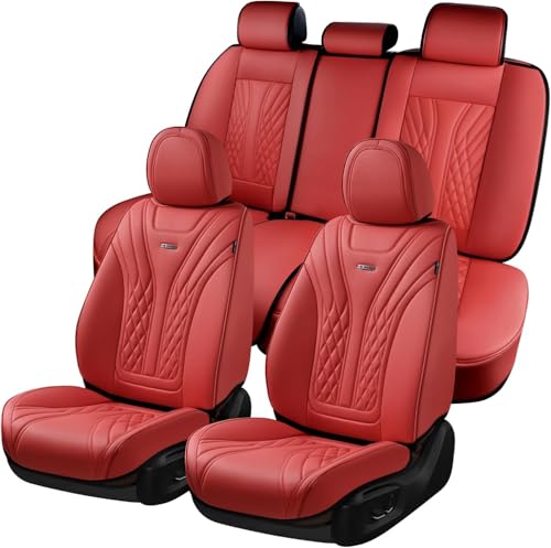 Image of Coverado Car Seat Covers Full Set, 5 Seats Front Seat Cover and Back Seat Covers for Cars, Automotive Seat Covers Nappa Leather Waterproof Seat Covers, Car Seat Protectors Universal for Cars Red