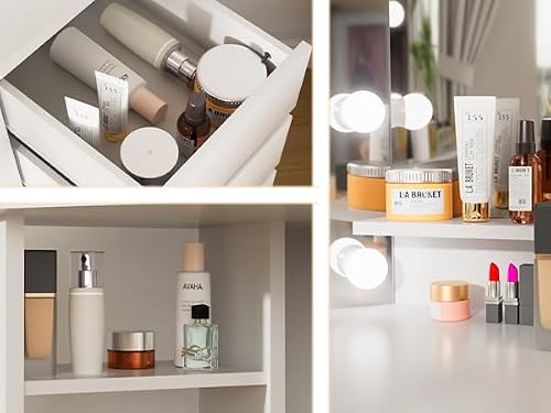 Soldow Vanity Desk with Mirror & Lights, White Makeup Desk with 5 Drawers, Corner Vanity Dressing Table for Bedroom Woman Girls