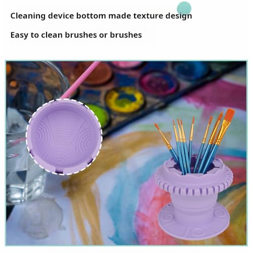 Image of Collapsible Brush Cleaning Rinse Cup, Brush Holder with Palette and Cleaning Cup, Integrated Silicone Brush Holder for Acrylics, Watercolors, Oils and Water-Based Paints (Purple)