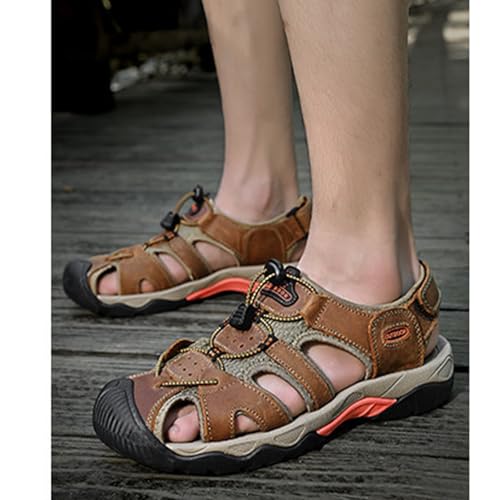 MILDSEVEN Large Size Men's Outdoor Hiking Sandals, Classics Closed Toe Backpacking Sandals, Fashion Breathable Sports Beach Shoes,11.5,Brown4
