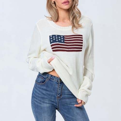 Image of Womens American Flag Sweater Long Sleeve Crew Neck Star Graphic Knit Pullover Tops Casual Loose USA Sweater