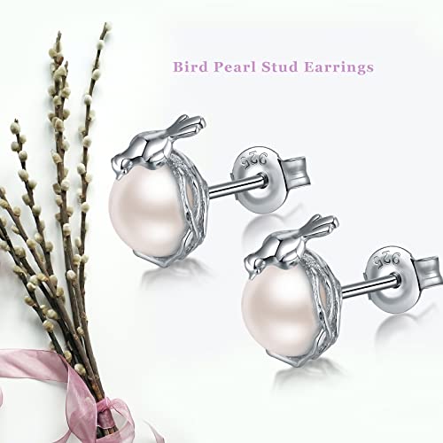 Jiamiaoi Bird Earrings For Women Girls Sterling Silver Bird Pearl Earrings Freshwater Pearl Stud Earrings Nickel Free Pearl Earring Hypoallergenic 8Mm Pearl Studs Earrings For Women Cute Earrings #TOP2