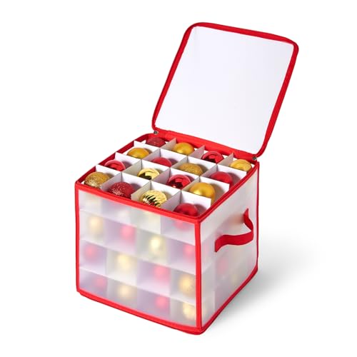 Home Treats Christmas Bauble Storage Box Plastic | Xmas Bauble Storage Box Large | Clear Box with Card Slot For Holiday Decoration Storage (64 Bauble Storage Box)