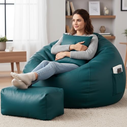 Image of Luxury 5XL Jumbo Bean Bag with Footrest & Cushion | Premium Leatherette | High-Density Beans Filled | Heavy Duty Double Stitch | 6 Months Warranty Color- (Navy Blue) (Teal)