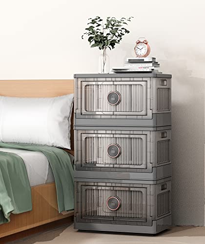 Richang Closet Organizers And Storage Shelves, Trunk Organizer, Dorm Room Essentials,Folding Storage Box, Stackable Toy Storage Bins, Storage Box With Door And Wheels, Rotate-To-Lock, 3-Pack,35L,Grey #TOP6