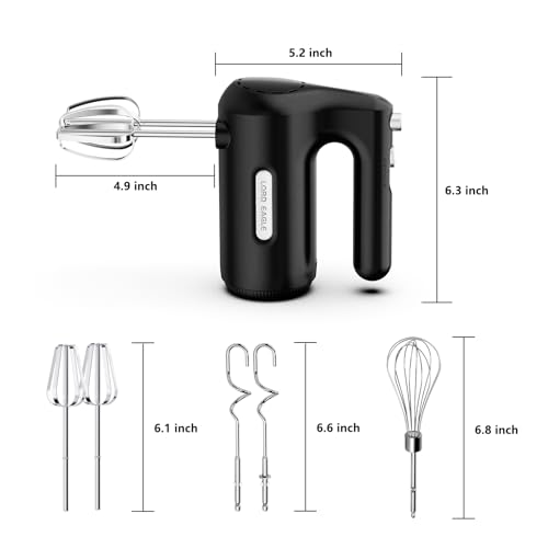 Image of Lord Eagle 5-Speed Small Hand Mixer Electric, 300W Compact Portable, Black | Handheld Kitchen Mixer Egg Beater with 5 Attachments & Storage Bag, Cake Supplies for Bread Dough Baking, Lightweight