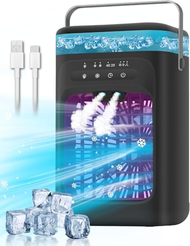 Portable Air Conditioner, 4-in-1 Evaporative Air Cooler, Personal Cooling Fan with 3 Speeds, 2 Mist Modes, 7 LED Night Light, 2-4H Timer, Quiet Mini Air Cooler for Bedroom Office C image 7
