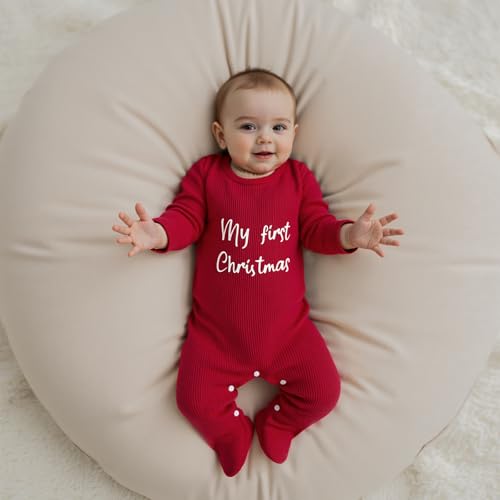 Newborn Baby Boy Girl Christmas Outfit Long Sleeve Waffle Knit My First Christmas Footie Romper Jumpsuit Xmas Clothes2