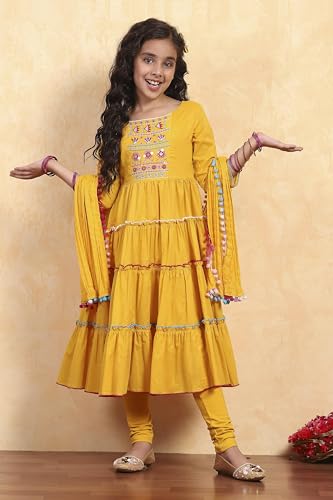 Image of Biba Girls 3 /4 Sleeve 100% Cotton Round Neck Kurta Set