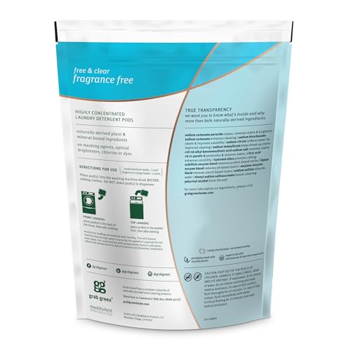 Grab Green Naturally-Derived, Plant & Mineral-Based Laundry Detergent Pods, Fragrance Free, 24 Loads
