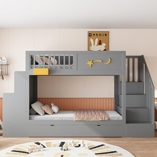 Raeln Litera de Estilo Moderno como Cama Alta o Loft Bed con Superior e Inferior de 90x200 cmen Madera Maciza con Escritorio, Escalera y Cajones para Habitacion de Jóvenes