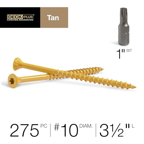 Image of Deck Plus 3-1 /2 Inch Epoxy Coated Exterior Wood and Fence Screws #10 x 3-1 /2 inch Torx /Star Drive Included Coarse Thread, Outdoor Rust Resistant Decking Screw, Tan, 5lb Box, 275 Pieces | 48422
