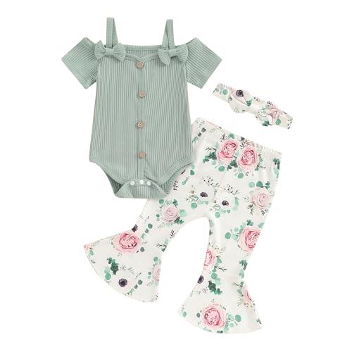 Image of fhutpw Newborn Baby Girl Clothes Infant Rib Frill Long Sleeve Romper Flared Pants Headband Set 3pcs Fall Winter Outfits