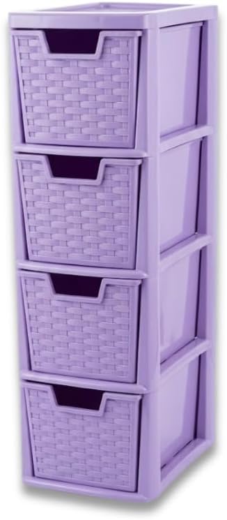 Khanary Plastic Storage Unit-4 Drawer Medium Lilac storage Tower For Home, Office, Garage, School Rattan Effect Stationary, Art Supplies-Multipurpose Modern Storage Organization 62cm H x 25cm D x 19cm