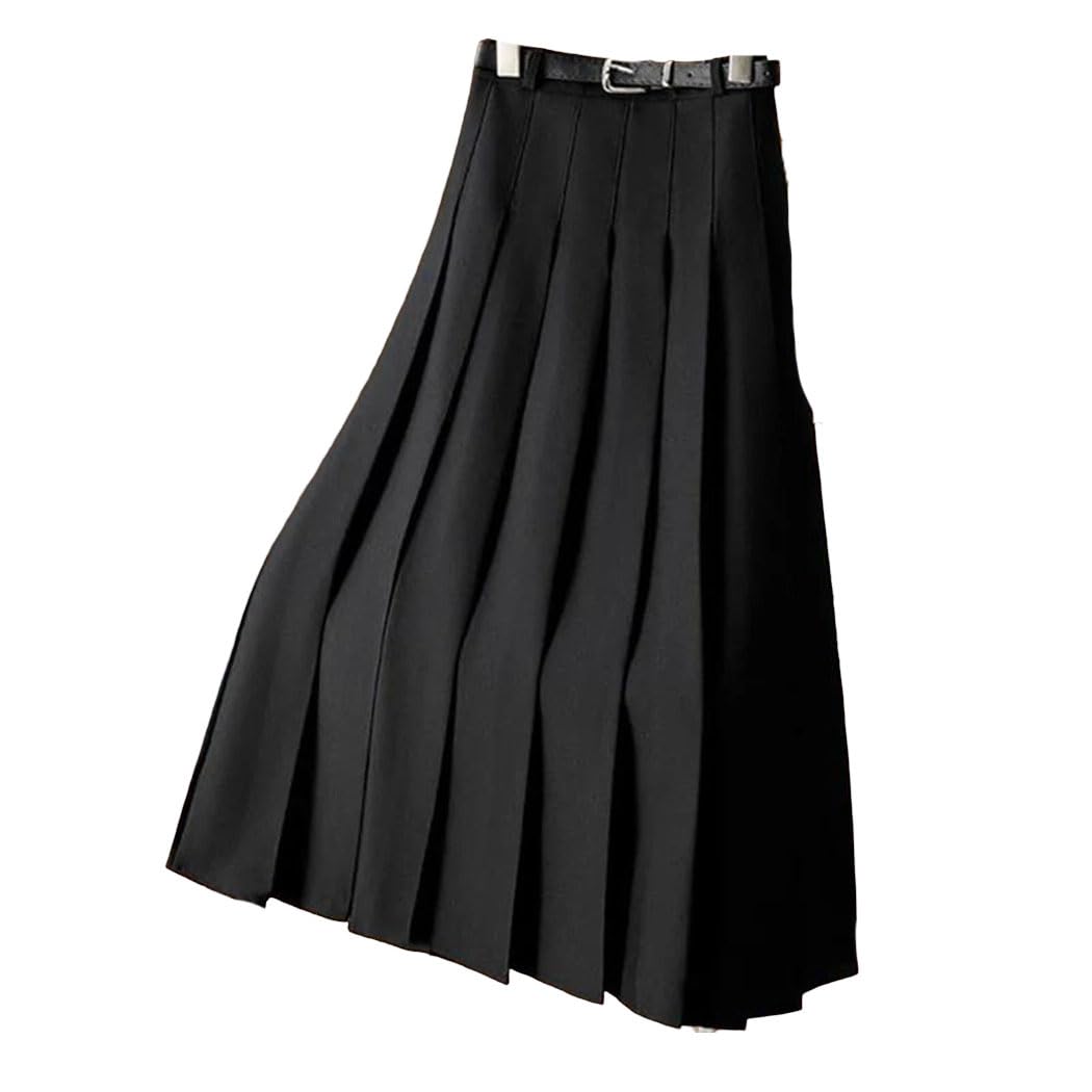 Womens Japanese Preppy Style Elastic Waist Pleated Midi Skirt School Uniform Party Skirt with Knife Pleats