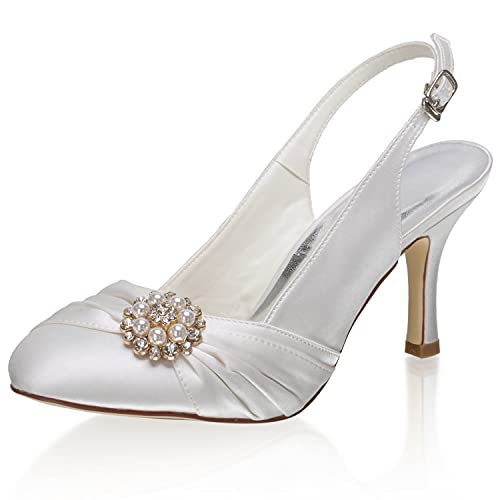 JIAJIA A31B378 Womens Bridal Shoes Closed Toe 3.1'' Stiletto Mid Heel Satin Pumps Slingback Wedding Shoes