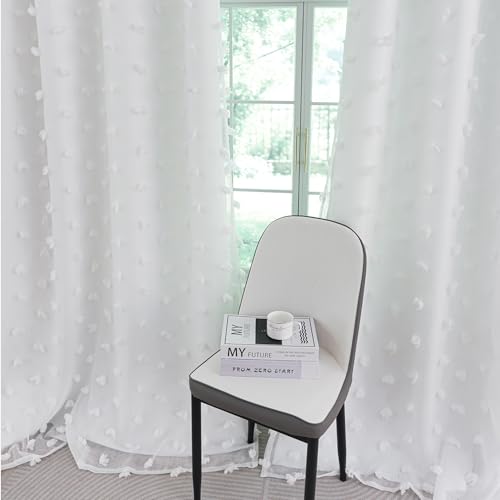 Image of Boho Pom Pom Nursery Light Block Curtains White 52x54 in | Blackout Double Layer Curtains with Pom Pom Semi-Sheer Overlay, Grommet Privacy Drapes for Toddler Bedroom Decor, 2 Panels