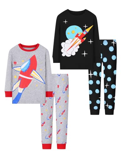 Joyond Boys' 4-Piece Snug Fit Cotton Pajama Set Size 2T-12Years, Kids Boys Long-Sleeve Clothes Top and Pants Sleepwear Sets