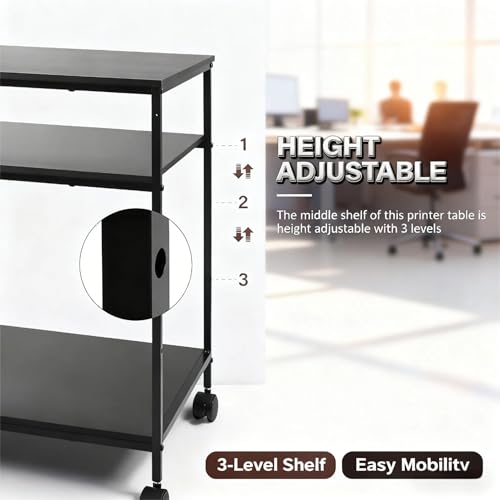 Image of Heavy Duty 3-Tier Printer Stand with Locking Wheels, 23.6 inchx18.9 inch *31.5 inch Large Printer Table Shelf, Holds 100 lbs per Shelf - Fits Most 60 inch Desks, Perfect for Office, Home, Laser Printer or Mini Fridge