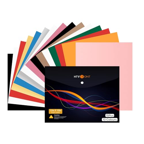 HTVRONT Heat Transfer Vinyl 15 Sheets 12x10 PU HTV Vinyl 10 Assorted Colors with Teflon Sheet Easy to Cut & Weed Iron on Vinyl for T-Shirts Bags Fabrics DIY Craft