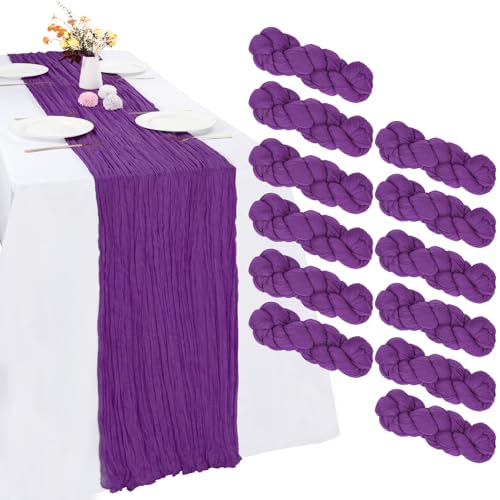 RestfulGlow12 Pack Purple Cheesecloth Table Runner 10FT Boho Gauze Fabric Table Runner 35 x 120 Inch Rustic Sheer Runner for Centerpiece Wedding Decor Baby Shower Party Table Decoration(Purple)