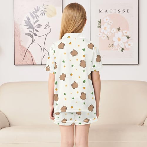 Cute Capybara with Trees Summer Satin Pajama Set, Cute Button-Down Sleepwear Pj Set for Sleep Wears4
