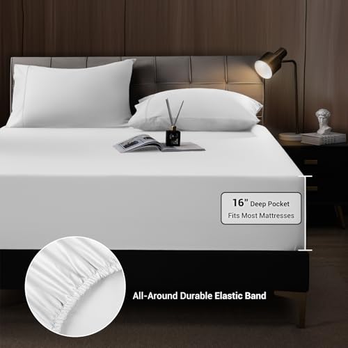 Image of Shilucheng 4 Piece Queen Sheet Sets, Cooling Sheets, Blend Rayon Derived from Bamboo, Deep Pocket Up to 16 inch, Breathable & Soft Bed Sheets, Hotel Silky Bedding Set, White
