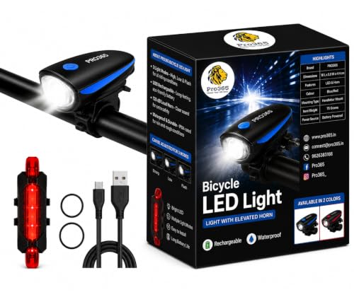 PRO365 USB Rechargeable Bicycle LED Light Set – 250 Lumens Front Bike Headlight & Rear Safety Tail Light | 3 Lighting Modes | Waterproof Cycling Light